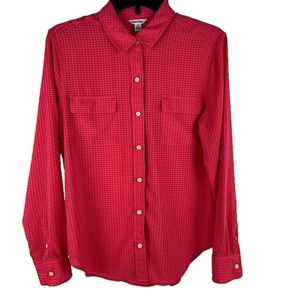 CALVIN KLEIN Coral Long Sleeve Sheer Button Down Top Women’s Size Medium